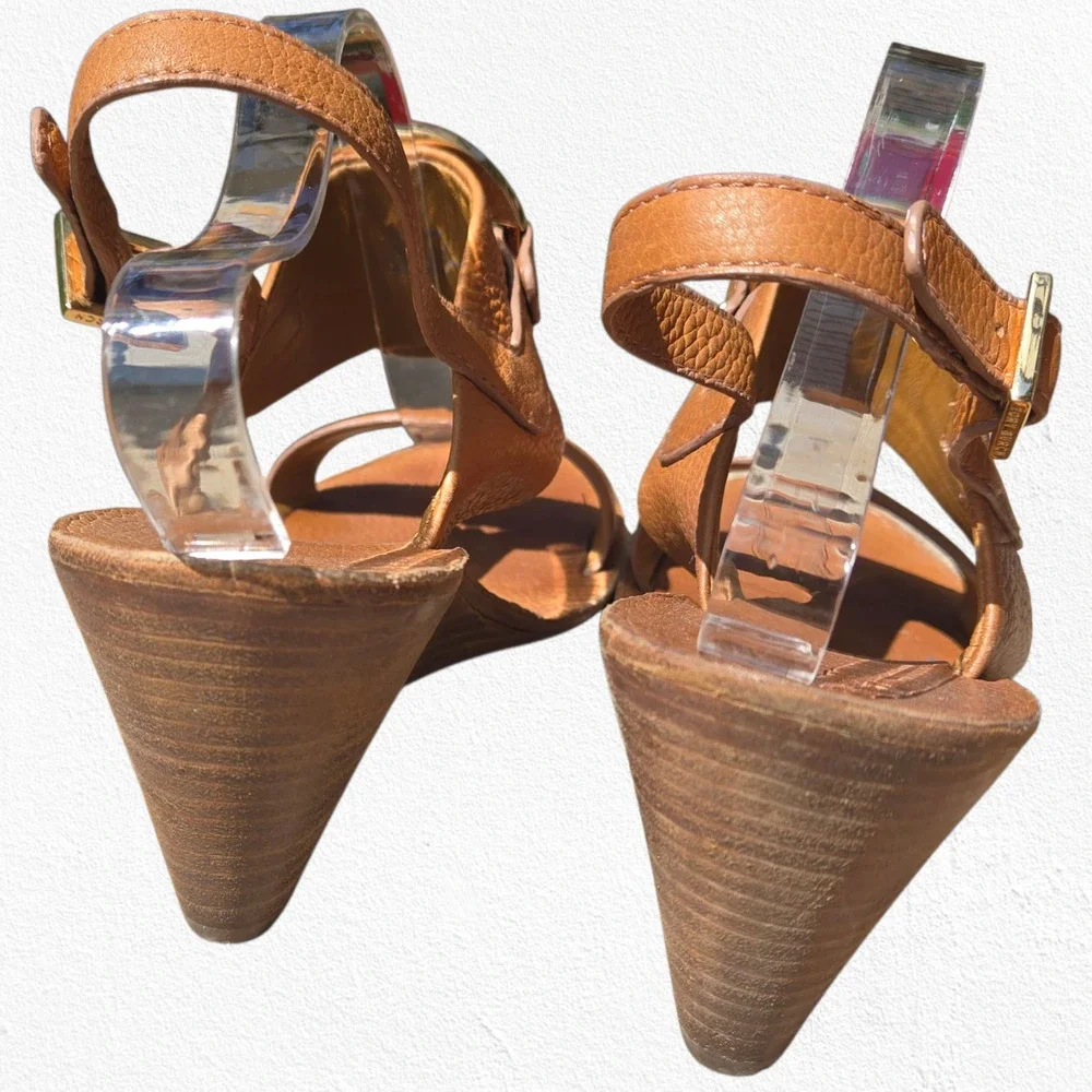 Tory Burch Tan Leather Miller Wedge Sandals Logo Slingback Heels Size 10.5M